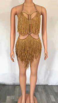 Seksi Sahne Altın Saçaklar Kostüm Kıyafet Püskül Elbise Akşam Doğum Günü Partisi Dans WearNightclub Şarkıcı Performans Elbise