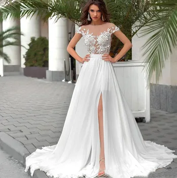 Seksi Şifon düğün elbisesi Kadınlar İçin Kolsuz V Yaka 2023 Düğme Sweep Tren Aplikler A-line Vestidos De Novia robe de mariée