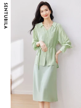 Sentubila Lyocell Karışımı Kayma Elbise Eşleşen Setleri Kadınlar için 2023 Yaz Uzun Kollu Casual Gömlek İki Parçalı Elbise seti 132Z49203