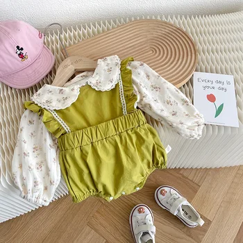 Sevimli Bebek Kız Giysileri 0-24Months Yenidoğan Uzun Kollu Çiçek Gömlek Tops Ruffles Romper Bodysuit Prenses Kıyafetler