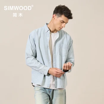 SIMWOOD 2022 Sonbahar Yeni Büyük Boy Vintage Denim Gömlek Erkekler %100 % Pamuk 6oz Kumaş Göğüs Mektup Nakış Artı Boyutu Gömlek