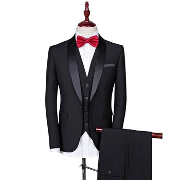 Siyah düğün günlük giysi erkekler Damat Smokin Erkek Takım Elbise Bir Düğme Düğün Takımları Erkekler için Sağdıç Takım Elbise (Ceket + Pantolon + yelek)