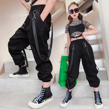 Siyah Kargo Pantolon Genç Kızlar için Yeni Moda Yaz Streetwear Hip Hop Ter Pantolon Zinciri İle Kızlar için 6 8 10 12 14 Yaşında