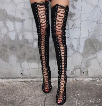 Siyah Peep Toe Yüksek Bandaj Moda Modern Çizmeler Süper İnce Topuk İçi Boş Süet Diz Üzerinde Ayakkabı Parti Kadın ayakkabı
