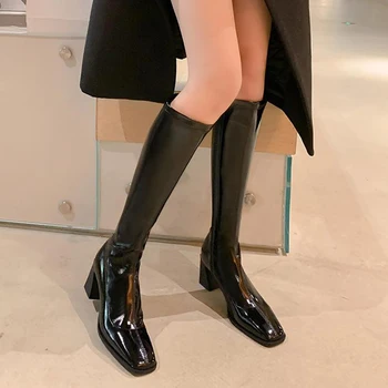Siyah Rugan Diz Yüksek Çizmeler Kadınlar için Vintage Kare Ayak uzun çizmeler Kadın 2022 Sonbahar Fermuar Yüksek Topuklu Botas De Mujer