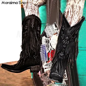 Siyah V Ağız İşlemeli Şövalye Çizmeler Sivri Burun Çok Katmanlı Püskül Retro Eski Moda Kalın Topuk Yüksek Çizmeler kadın ayakkabısı