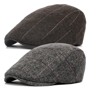 Sonbahar Kış Erkekler Newsboy Şapka Bereliler İngiliz Batı Tarzı Yün Gelişmiş Düz Sarmaşık Kap Klasik Vintage Kalınlaşmak Çizgili Bere