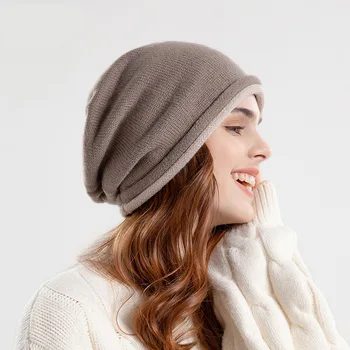Sonbahar Kış iki renkli Haddelenmiş Kenar Örgü Kazık Kap Sıcak Kapak Kulak şapka Kadın Büyük Baş Çevresi Ay Şapka Ücretsiz Kargo