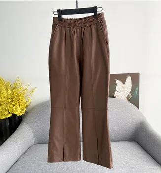 Sonbahar Kış Şık kadın Yüksek Kaliteli Koyun Derisi Deri Elastik Bel Dokuzuncu Pantolon C042