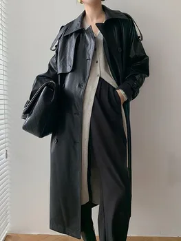 Sonbahar Suni Deri Uzun Trençkot Kadın Siyah Kruvaze Kore Moda Moto Ceket Streetwear Bayan Giyim Şık Mont