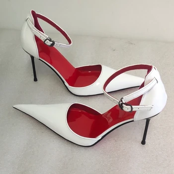 Sorbern Beyaz Stilettos Topuk Kadın Pompa Ayakkabı Sivri Burun Ayak Bileği Sapanlar 11 Cm Metal Boyutu 40 Bayanlar Topuklu Özel 32-44