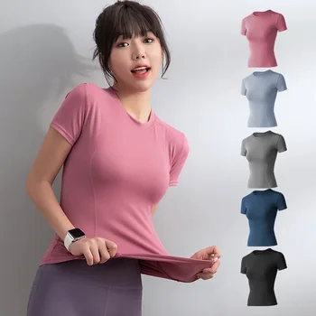 Spor kadın Gömlek Çabuk Kuruyan T Shirt Elastik Yoga Spor Tayt Spor Koşu Üstleri Kısa Kollu Tees Bluzlar Jersey kaşkorse