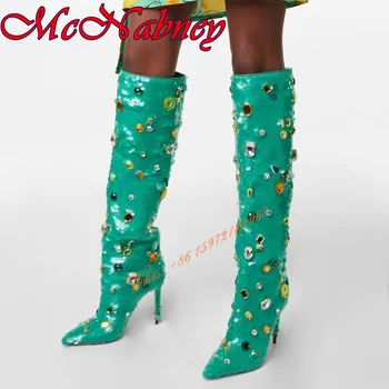 Stiletto Süper Yüksek Topuk Pullu Çizmeler Sivri Burun Taklidi Artı Boyutu Elmas Diz Yüksek Çizmeler kadın ayakkabısı Sonbahar Parti Balo