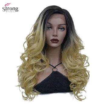 StrongBeauty Uzun Kıvırcık Dantel ön peruk Kadınlar ıçin Ombre Sarışın Koyu kök Sentetik Dantel Peruk Saç