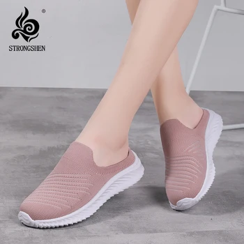 STRONGSHEN Kadın Terlik Örgü Sandalet Kadın rahat ayakkabılar Zapatillas De Mujer Hafif Yarım Terlik Bayanlar yürüyüş ayakkabısı