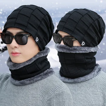 Sıcak Satış 2 adet Kayak Kap Ve Eşarp Soğuk Sıcak Deri Kış Şapka Kadın Erkek Örme Şapka Kaput Sıcak Kap Skullies Beanies