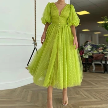 Sıcak Satış 2021 Açık Yeşil Balo Parti Elbiseler Çay Boyu V Yaka Yarım Kollu Düğün Konuk Törenlerinde Illusion Kısa Plise