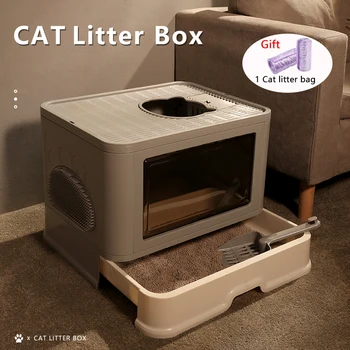 Tamamen Kapalı Pet Kat Sürgü Kedi Tuvalet Anti-sıçrama Kedi kum kabı Tepsi Kaşık İle Temiz Yavru Evi Plastik Kutu Kedi Malzemeleri