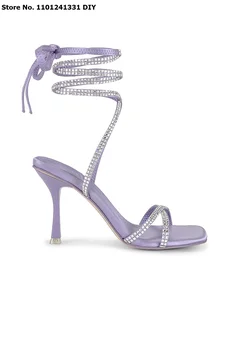 Tasarımcı Mor Koyun Derisi Deri Kristal ayak bileği bağcığı Wrap 6.5 Cm Yüksek Topuk Sandalet Ayakkabı Kadın Süper Deri Bayan Yaz Ayakkabı