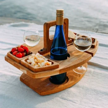 Taşınabilir Şarap Tepsisi Asılı şarap bardakları Meyve Tepsisi Ahşap Piknik İçecek Aperatif Masa Açık kamp masası