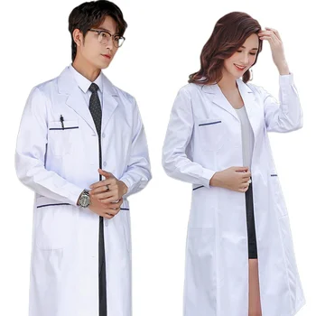 Tek göğüslü Beyaz Uzun Hemşire Doktor İş Elbiseleri Cepler İle Basit Erkekler Kadınlar Laboratuvar Tulumları Üniforma Giyim