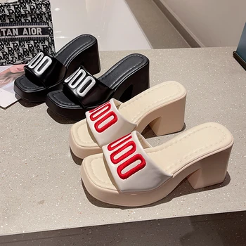 Terlik Kadın Yaz Platformu Moda plaj sandaletleri 2023 Yeni Trend mektup Rahat Kalın Bayan Ayakkabıları Slingback kadın Terlik