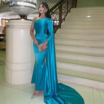 Thinyfull Mermaid Suudi Arabistan Balo Elbise Tek Omuz 2023 Akşam Partisi Törenlerinde Kat uzunlukta Saten Örgün Durum Balo Elbise