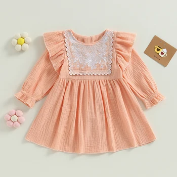 Toddler Kız evaze elbise Köpük Pamuk Uzun Fener Kollu Elbise Fırfır Ağız Ekip Boyun Nakış Çiçek Elbise Rahat Günlük