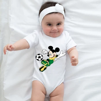 Top Spor Mickey Mouse Disney Yaratıcı Baskı Unisex bebek tulumu Beyaz Yuvarlak Boyun Kısa Kollu 0-12 Ay Nefes Kawaii