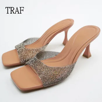 TRAF 2022 Kadın Taklidi Topuklu Sandalet Yaz Zarif Lüks Marka Slingback stiletto ayakkabılar topuklu sandalet Bayan Terlik