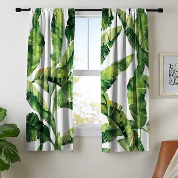 Tropikal Yaprak Perde Oturma Odası Yatak Odası Pencere için Yeşil ve Beyaz Bitki Yaz Hawaii Suluboya Botanik Muz Ağacı Perdeler