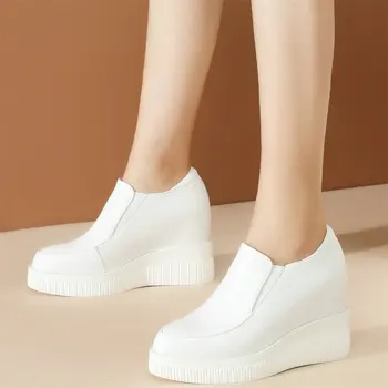 Tıknaz Platformu Ayakkabı Pompaları Kadınlar Üzerinde Kayma İnek Deri Takozlar Yüksek Topuk yarım çizmeler Kadın Yuvarlak Ayak Moda Ayakkabı Rahat Ayakkabı