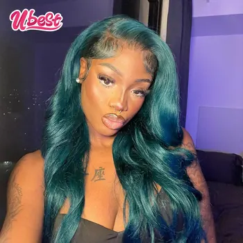 Ubest Açık Yeşil 13x4 Dantel Frontal İnsan Saç Vücut Dalga Açık Mavi Renkli Peruk Brezilyalı Remy Şeffaf ön peruk Kadın İçin