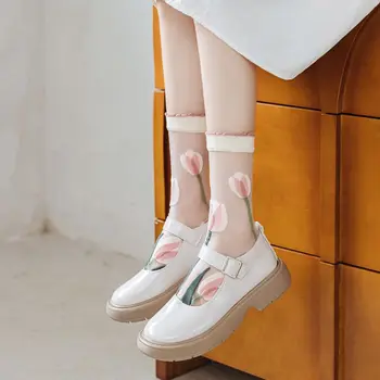 Ultra ince Şeffaf Kristal İpek Çorap Kadın Moda Yaz Harajuku Ekip Çorap Retro Çiçek Streetwear Elastik Uzun Çorap