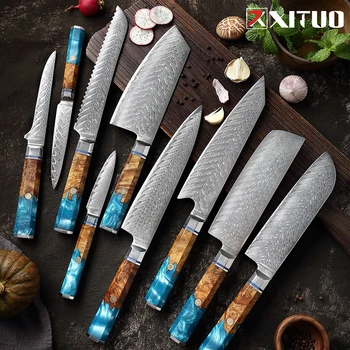 Ultra Keskin Şef Bıçak Bileme Bıçakları 67 Katmanlı Şam Çeliği Santoku meyve Bıçağı Ergonomik Reçine Ahşap Saplı Pişirme Bıçakları