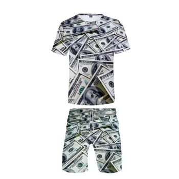 USD Dolar Para 3D Baskı kısa kollu tişört ve plaj şortu İki Parçalı Set erkek Takım Elbise Rahat Eşofman Spor