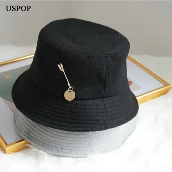 USPOP Marka YENİ Kadın Kova Şapka Kış Yün Şapka Mektup Metal Pin Kova Şapka panama şapkası