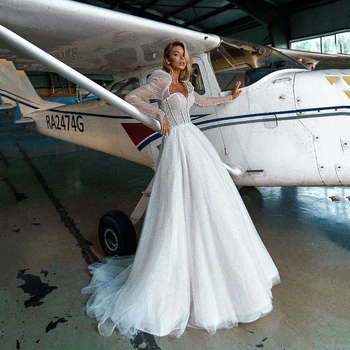 UZN Boho A-Line Glitter düğün elbisesi Sevgiliye Uzun Puf Kollu Payetli gelinlikler Dubai Seksi Boncuk Gelinler Elbise