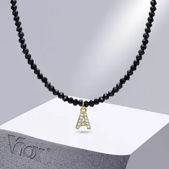 Vnox Gotik A-Z İlk Kolye Kadınlar için, Siyah Geometrik kristal boncuklar Gerdanlık, 26 Harfler Alfabe İstiflenebilir Zincir Kolye