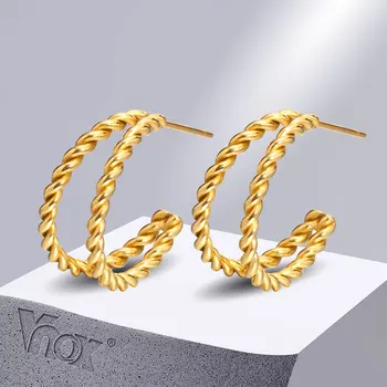 Vnox Şık Çift İçi Boş Twisted Hoop Küpe Kadınlar için, Altın Rengi Paslanmaz Çelik C Şekilli Kadın Bayan Kulak Hediye Takı
