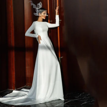 Weilinsha Beyaz Müslüman düğün elbisesi Bayanlar Şal Geri Zarif O-boyun Uzun Kollu Arapça gelin kıyafeti Basit Düz Gelin Elbiseler