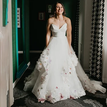 Whimscial 3D Büyük Çiçekler düğün elbisesi Kabarık Ruffled Sevgiliye Çıkarılabilir Spagetti Sapanlar Backless Fotoğraf gelinlikler