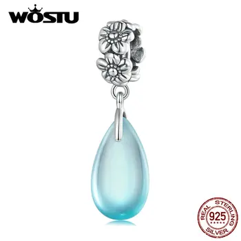 WOSTU 925 Ayar Gümüş Çiçek ve Çiğ Asılı Boncuk Açık mavi Cam Fit Bilezik Kolye Kadınlar ıçin Orijinal Takı Hediye