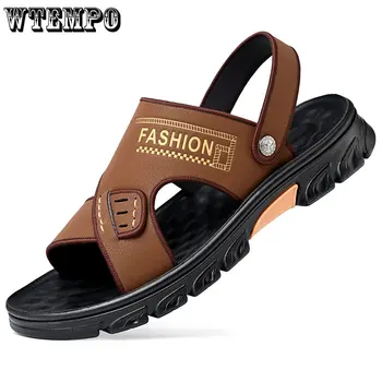 WTEMPO erkek Sandalet Yaz Yumuşak Deri Yumuşak Taban kaymaz plaj ayakkabısı Rahat Çift kullanımlı Giyim Baba Terlik