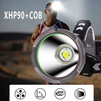 XHP90 COB LED far Torch USB şarj edilebilir far 2500 lümen avcılık fener şarj indüksiyon uzun menzilli alüminyum ışık