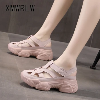 XMWRLW Hakiki Deri Kadın Yaz Sandalet Rahat Kanca Döngü Bayan Ayakkabıları 2021 Yaz Yüksek Topuklu Kadın Sandalet Takozlar Ayakkabı