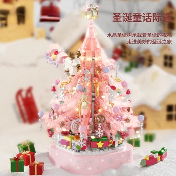 Yaratıcı Uzman Noel Ağacı Modeli Yapı Taşları Müzik Kutusu Pembe Kristal Mini Tuğla Ev Dekorasyon Oyuncak Çocuk Hediye Romantik