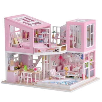 Yard DIY Bebek Evi kendin yap minyatür bebek oyuncak evi Yapı Kitleri Pembe Büyük Ev Roombox DIY Mini Ev