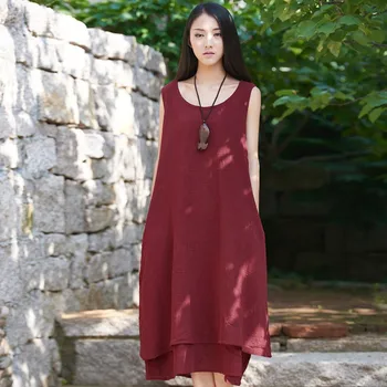 Yasuk Yaz Kadın Rahat Yumuşak Rahat Gevşek Pamuk Keten Uzun Etek Çin Tarzı Retro Katı Kolsuz Yelek Tankı Elbise