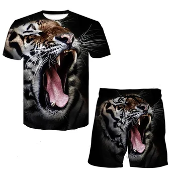 Yaz 3D Baskılı Tigon Hayvan Desen Baskı erkek Crewneck Moda T-shirt Şort 2 parça Set Nefes Giyim Spor